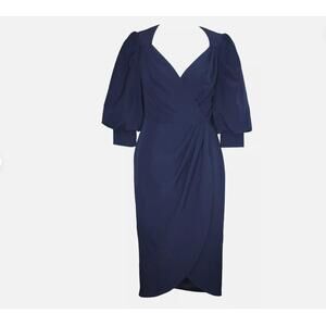 NWT Aidan Mattox Blue Long Sleeve V-Neck Wrap Cocktail Dress US 16